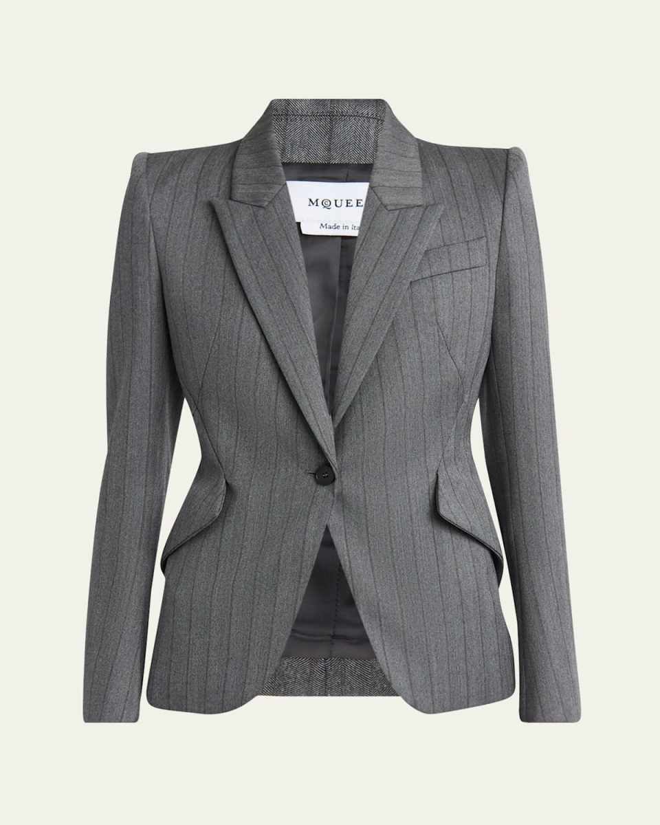 Herringbone Striped Single-Breasted Blazer Jacket
